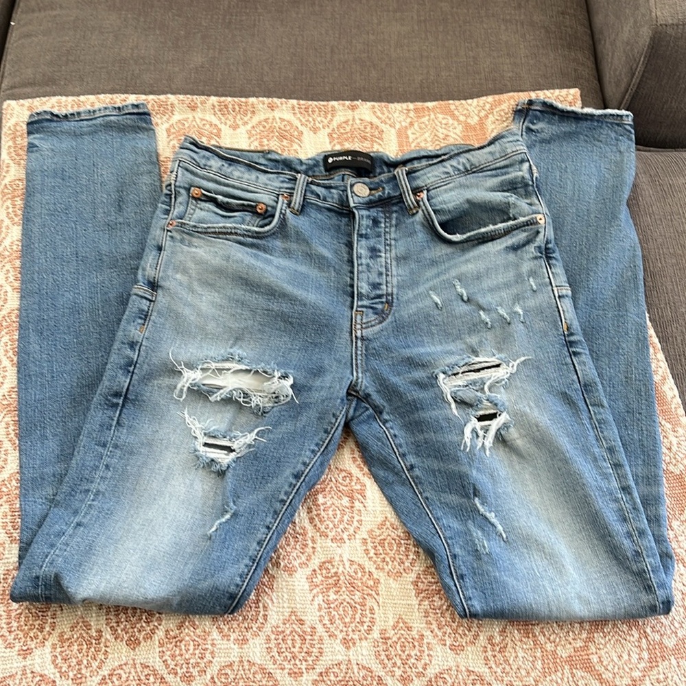 Guys Purple Brand from Bloomingdale’s Medium Blue Ripped Skinny Jeans - Picture 2 of 10